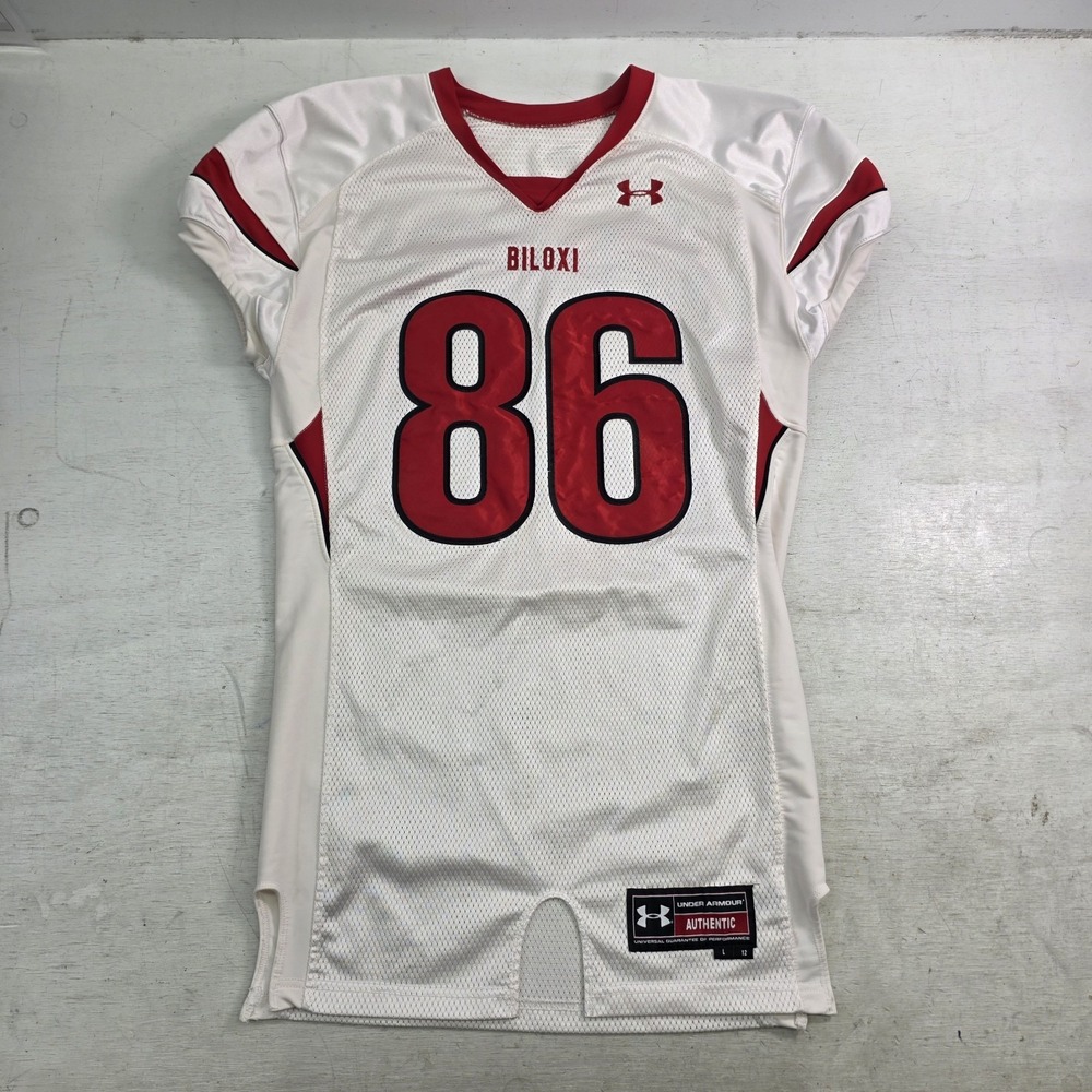 Under Armour Biloxi MS Indians #86 Stitched Football Jersey White Red Sz L VGC